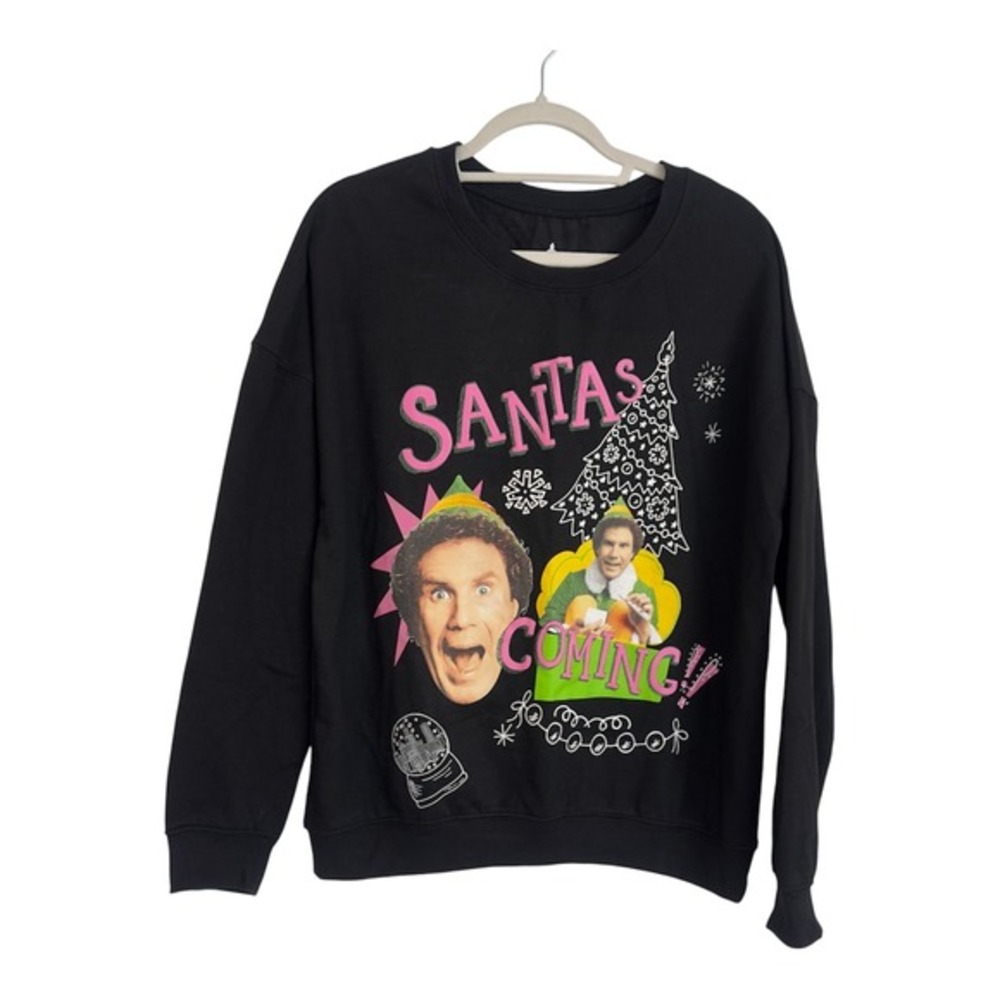 Elf Movie Buddy The Elf Santas Coming Black Graphic Sweatshirt XL New